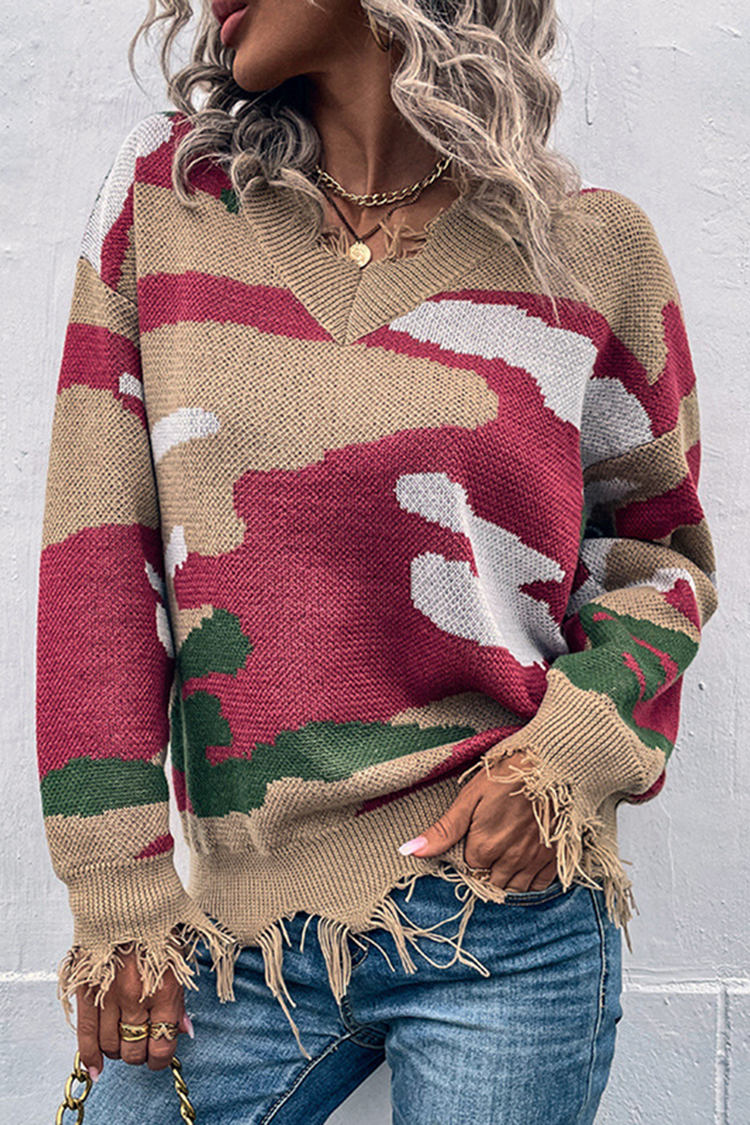 V Neck Ripped Contrast Camouflage Jacquard Sweater-ABOXUN