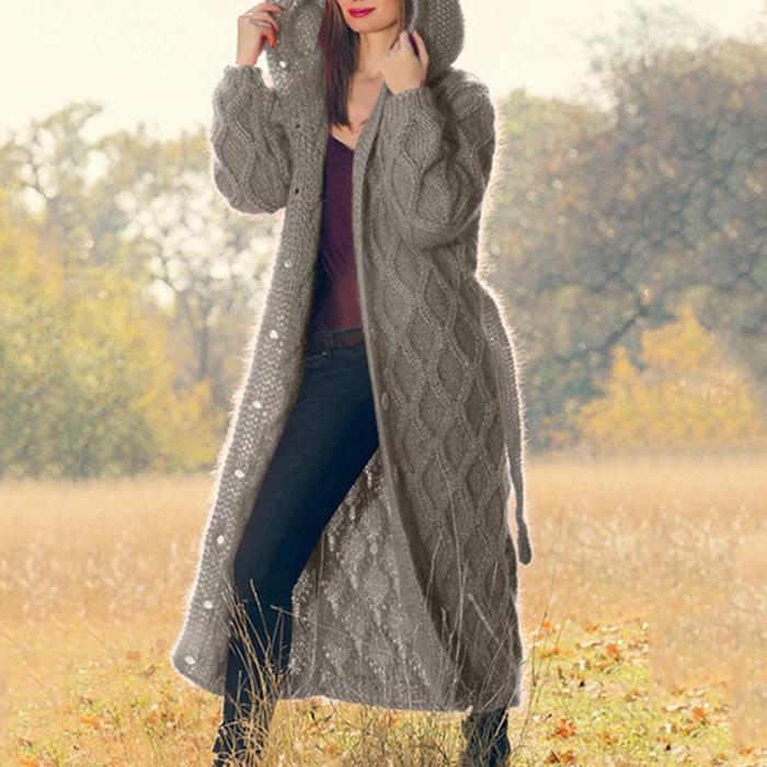 Solid Chunky knit Hooded Casual Long Cardigan-ABOXUN