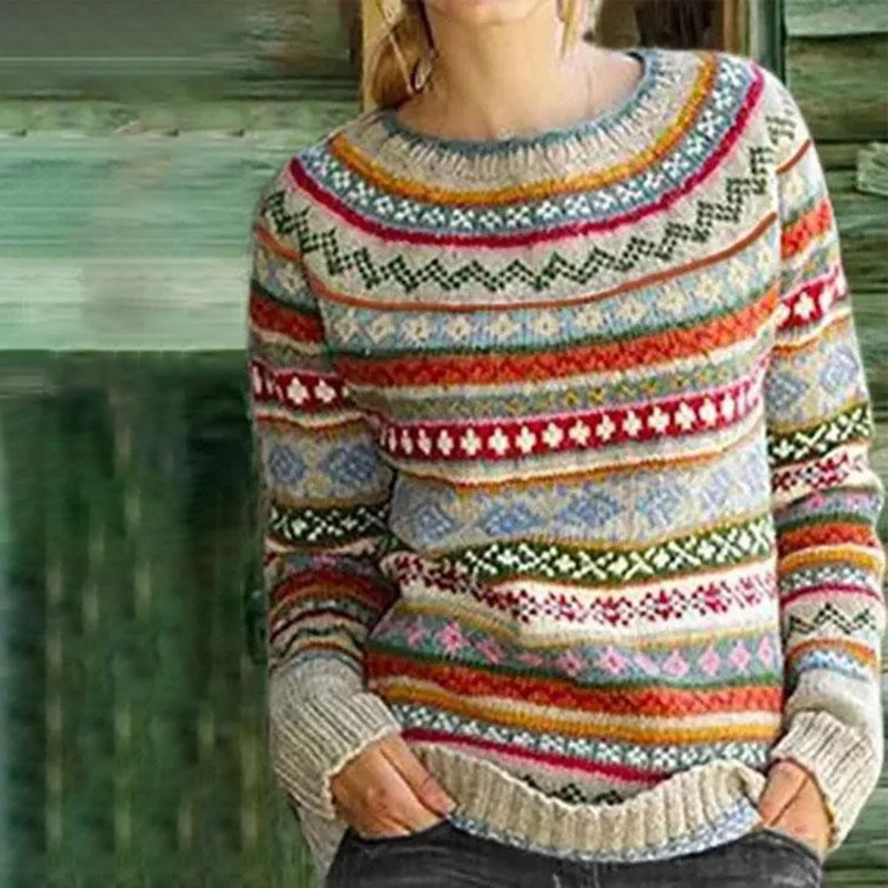Vintage Ethnic Pattern Crew Neck Sweater-ABOXUN