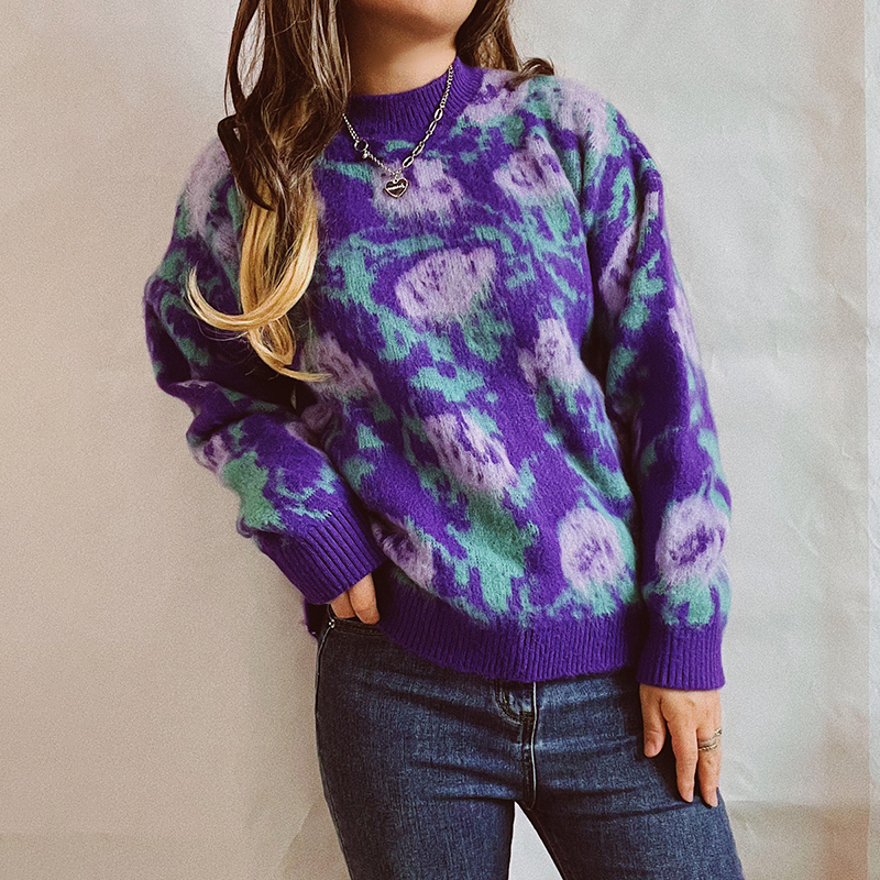 Vintage Long Sleeve Crew Neck Floral Sweater-ABOXUN