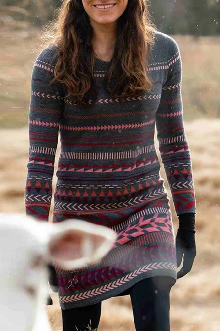 Vintage Multicolor Print Knit Dress-ABOXUN
