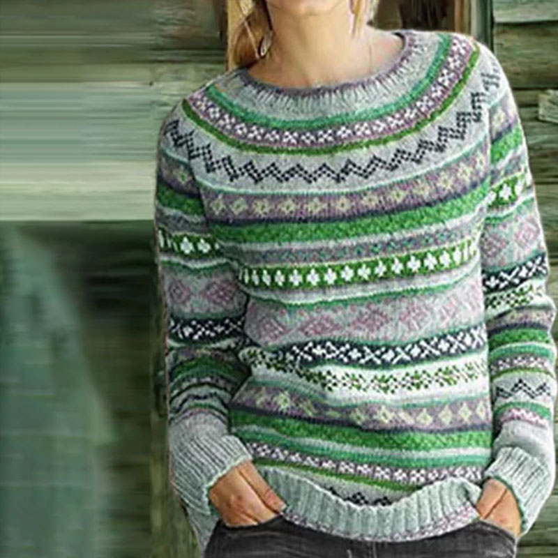 Vintage Ethnic Pattern Crew Neck Sweater-ABOXUN