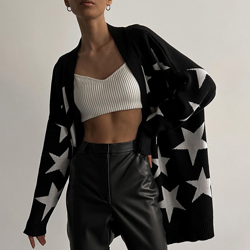 Loose Star Long Sleeve Sweater Cardigan-ABOXUN