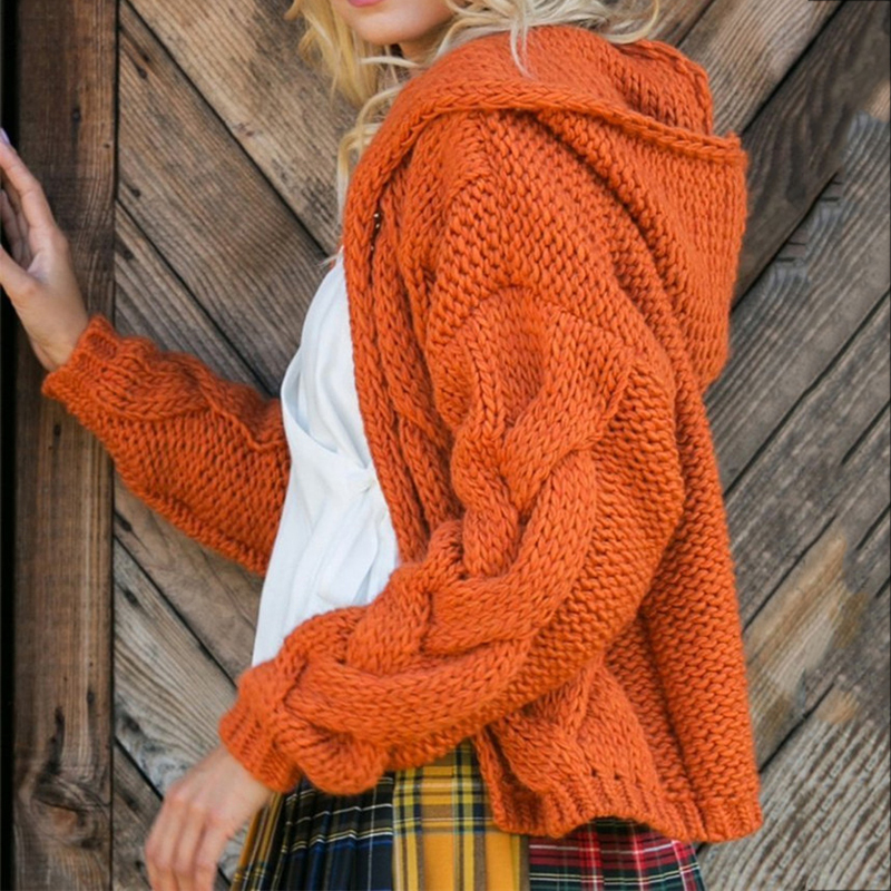 Twist Solid Color Thick Line Hooded Sweater Cardigan-ABOXUN