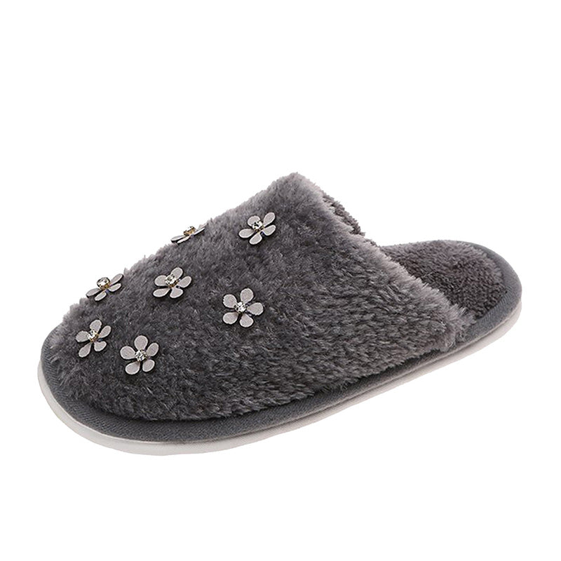 Rhinestone Flower Decorated Fluffy Closed Toe Flat Cotton Slippers-ABOXUN