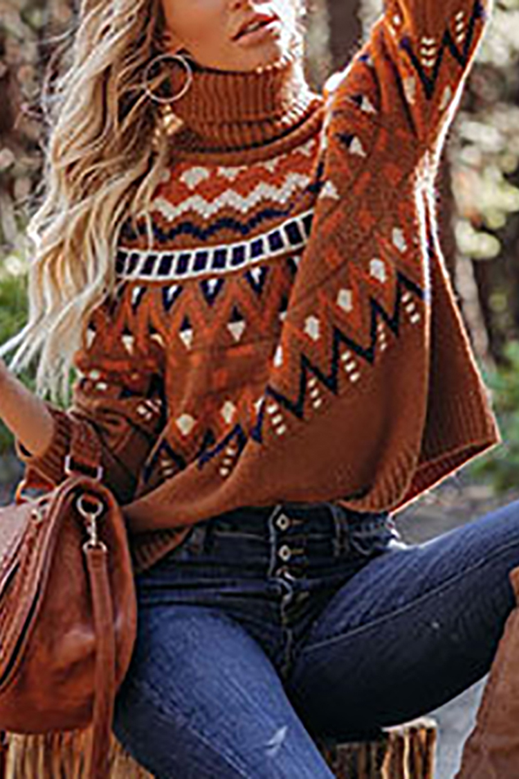 Vintage Striped Panel Contrast Turtleneck Sweater-ABOXUN