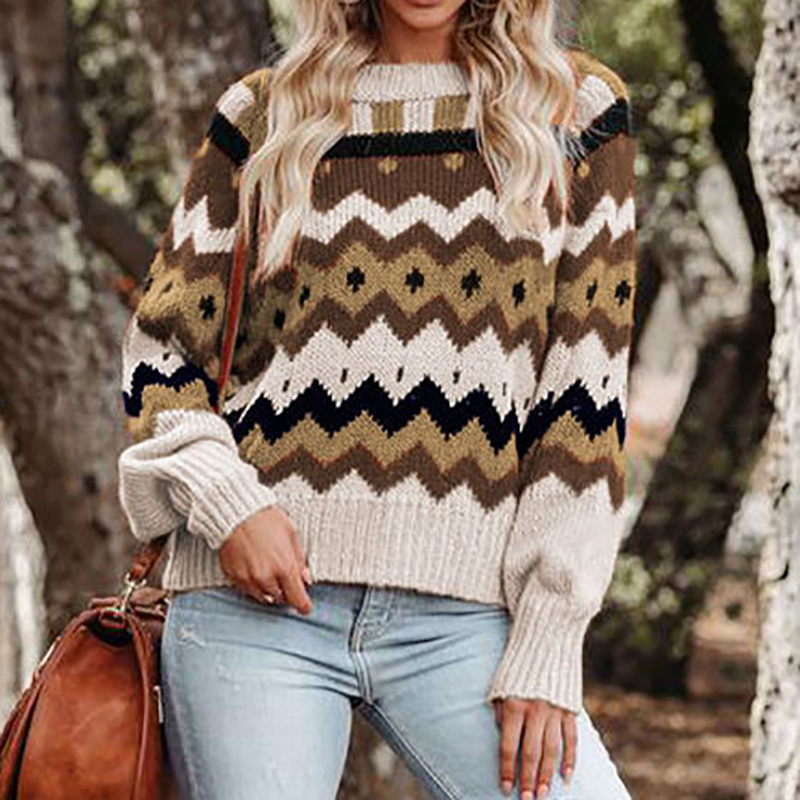 Vintage Crew Neck Argyle Jacquard Sweater-ABOXUN