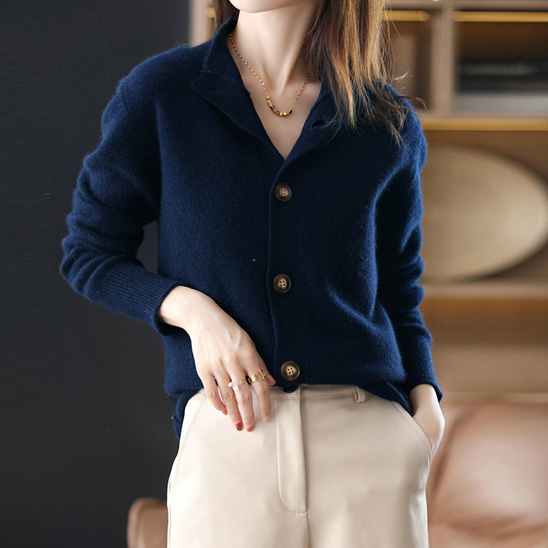 Solid Button Stand Collar Knitted Cardigan-ABOXUN