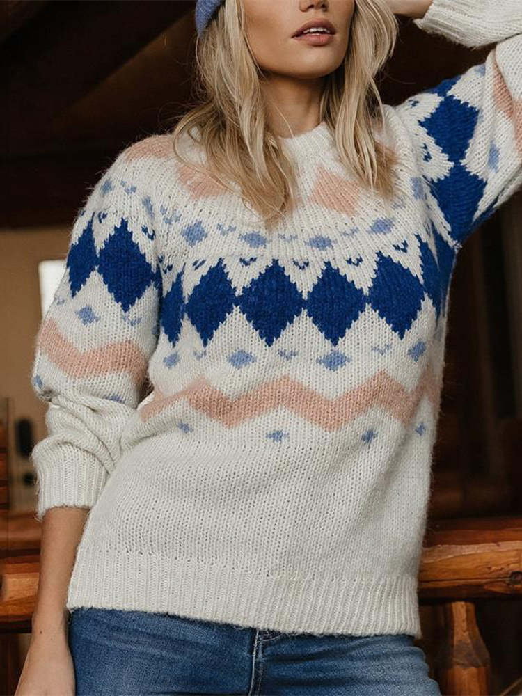 Fellman Island Geometric Contrast Loose Crewneck Sweater-ABOXUN