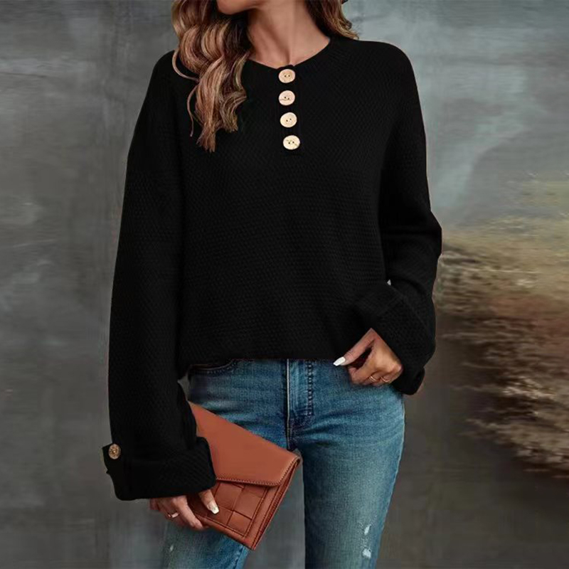 Vintage Solid Pullover Button Loose V-Neck Sweater-ABOXUN