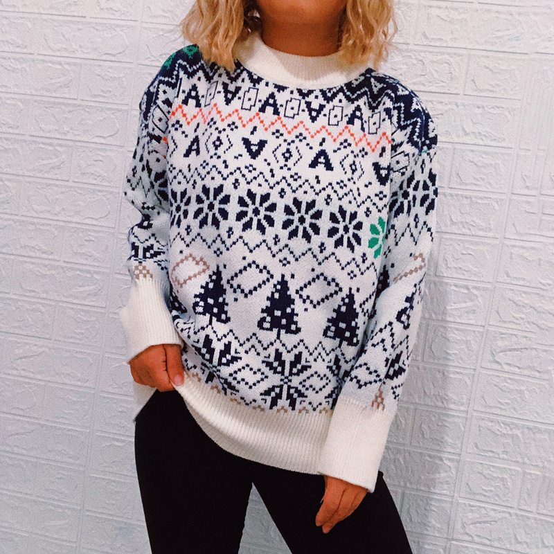 Vintage Snowflake Long Sleeve Sweater-ABOXUN