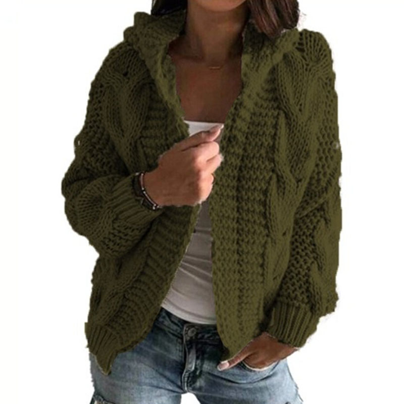 Twist Thick Line Hooded Sweater Cardigan-ABOXUN