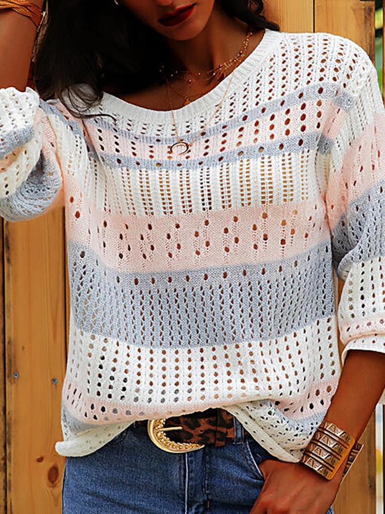 Contrast Cutout Loose Casual Sweater-ABOXUN