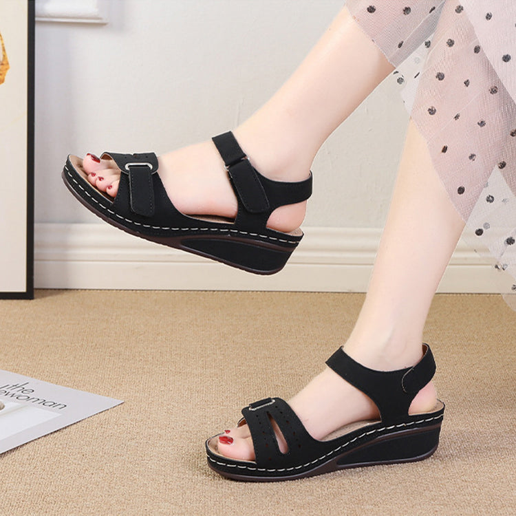 2022 New Casual Round Toe Velcro Mid Heel Women Wedge Sandals-ABOXUN