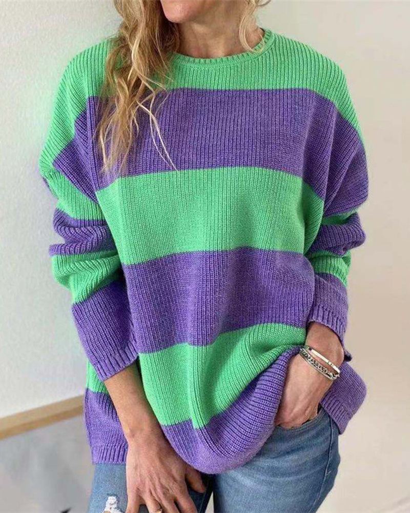 Striped Contrast Pullover Sweater-ABOXUN