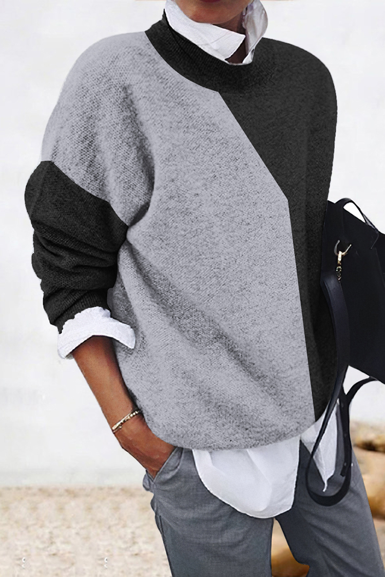 Round Neck Patchwork Color Block Contrast Top-ABOXUN