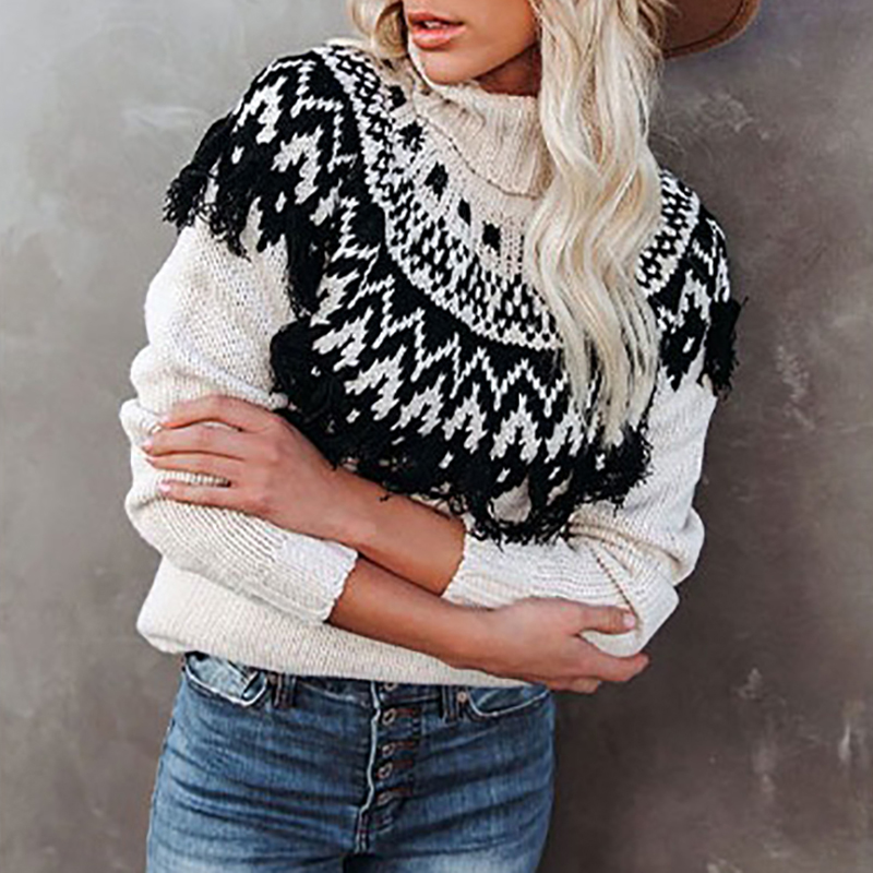 Vintage Fringed Turtleneck Pullover Loose Sweater-ABOXUN