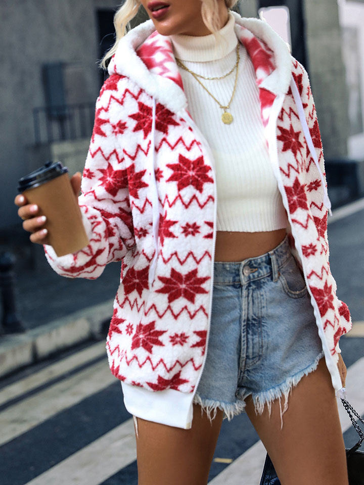 Hooded Geometric Print Long Sleeve Zip Plush Jacket-ABOXUN