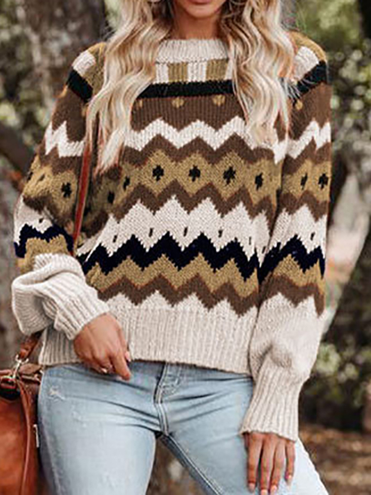 Vintage Crew Neck Argyle Jacquard Sweater-ABOXUN