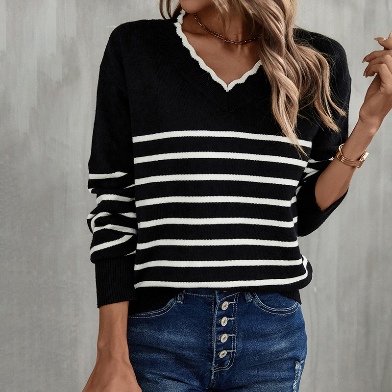 Casual V Neck Wavy Striped Jacquard Sweater-ABOXUN