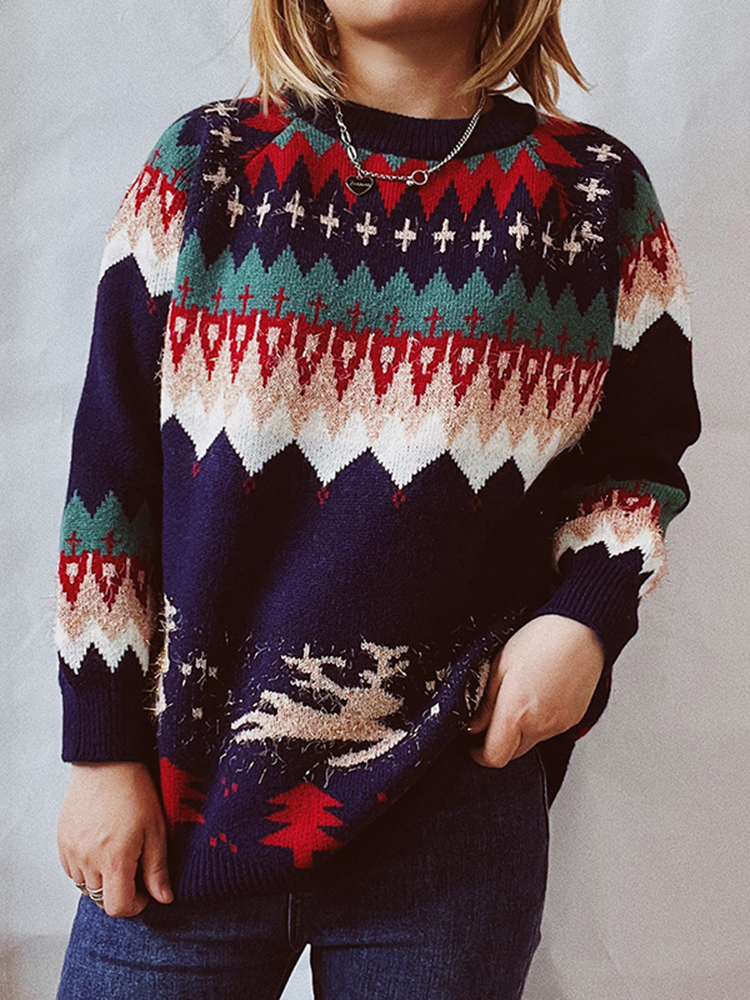 Vintage Christmas Totem Long Sleeve Sweater-ABOXUN
