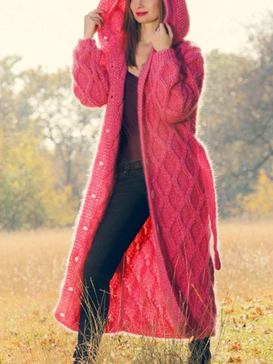 Solid Chunky knit Hooded Casual Long Cardigan-ABOXUN
