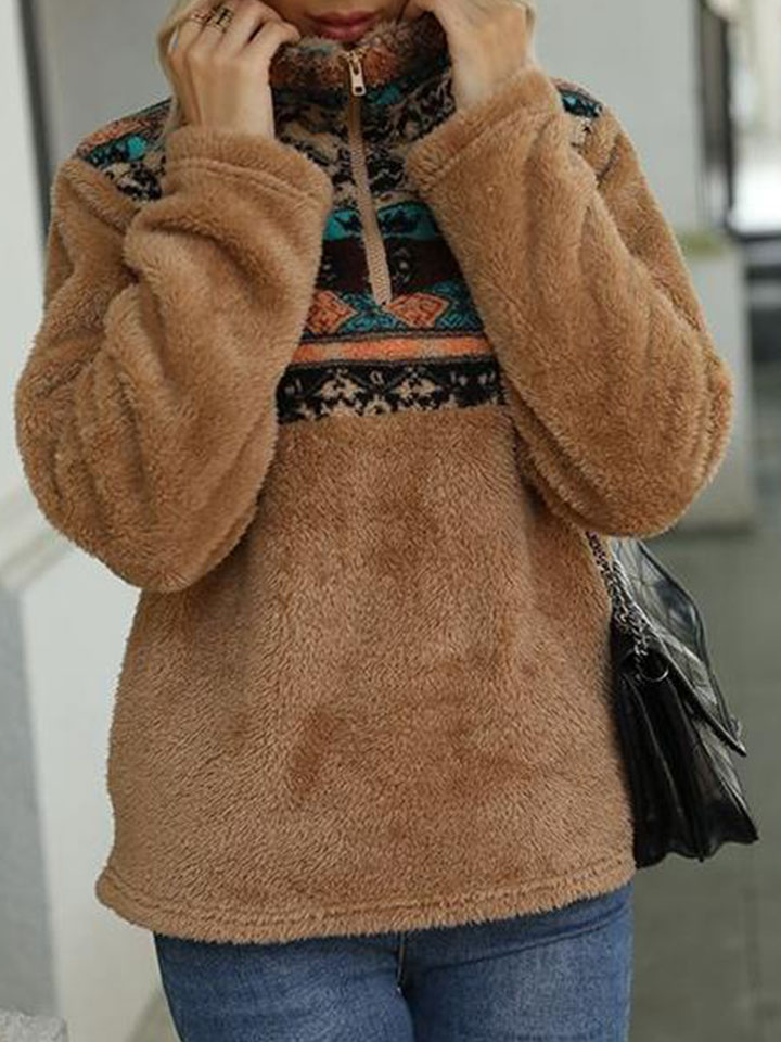 Pullover Colorblock Geometric Print Crew Neck Long Sleeve Plush Sweatshirt-ABOXUN