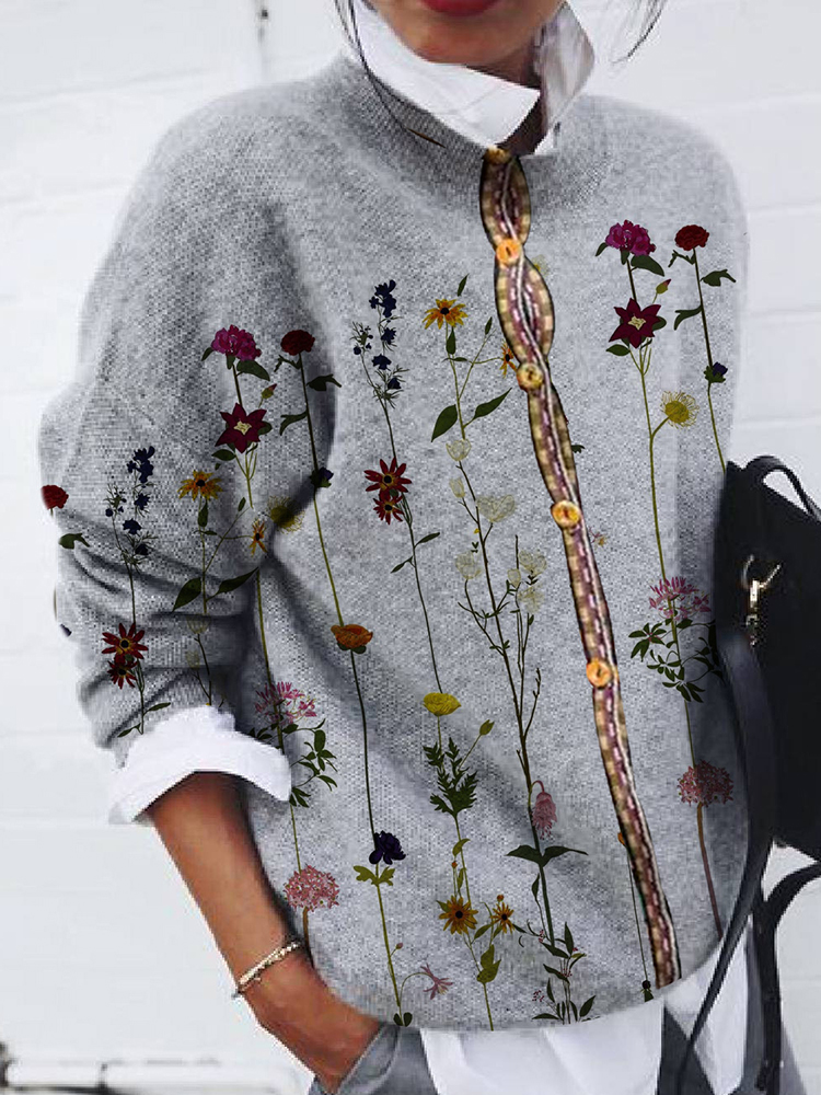 Fashion Brushed Floral Print Long Sleeve Cardigan-ABOXUN