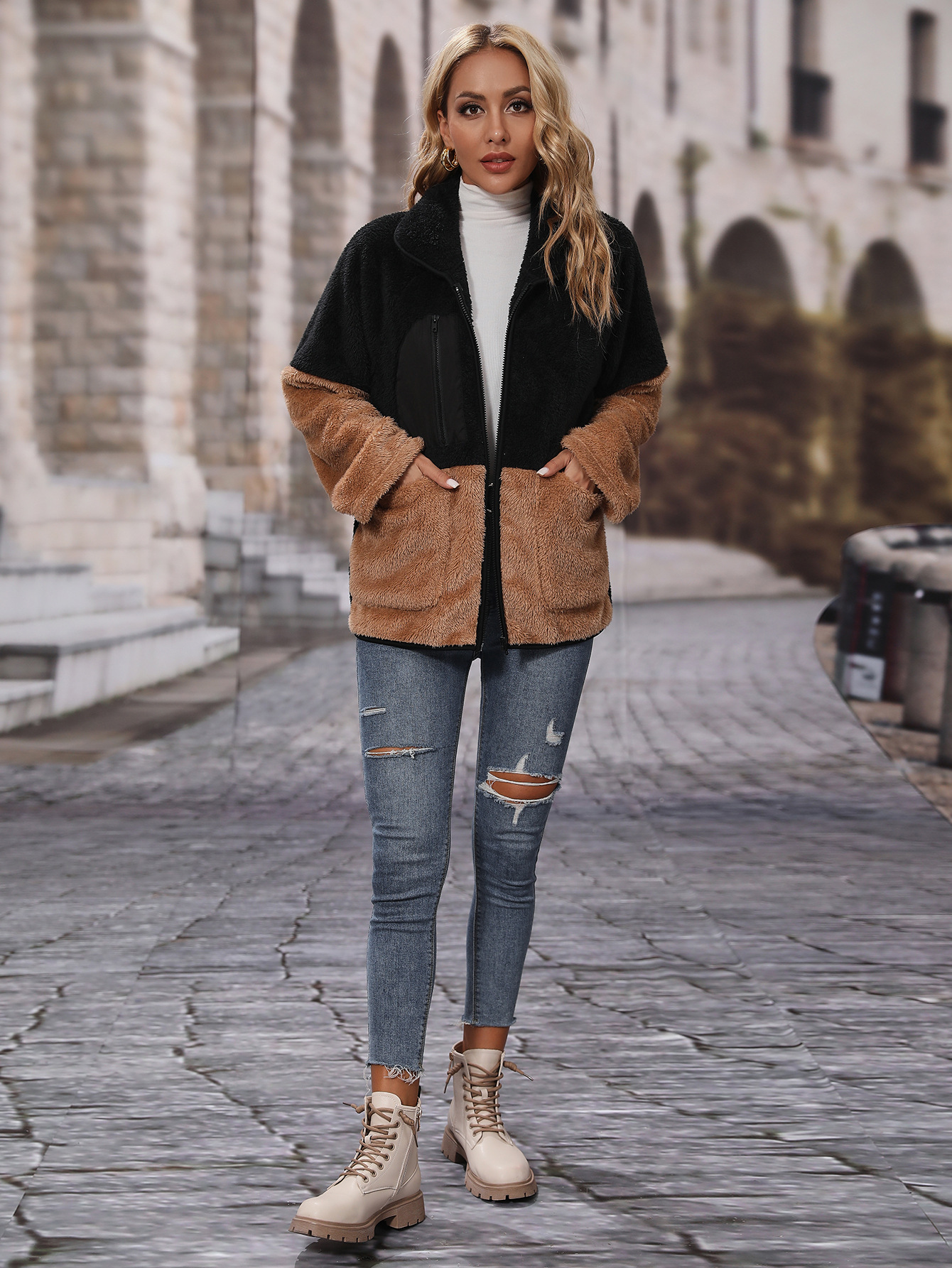 Loose colorblock zipper thickened double-sided fleece casual jacket-ABOXUN