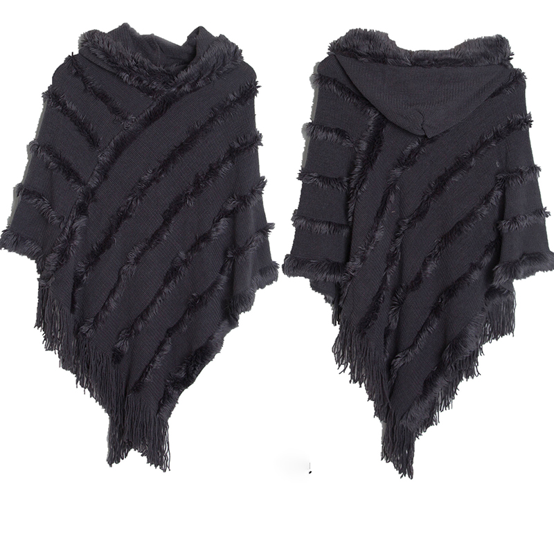 Vintage Solid Fringed Hooded Sweater Pullover Shawl-ABOXUN