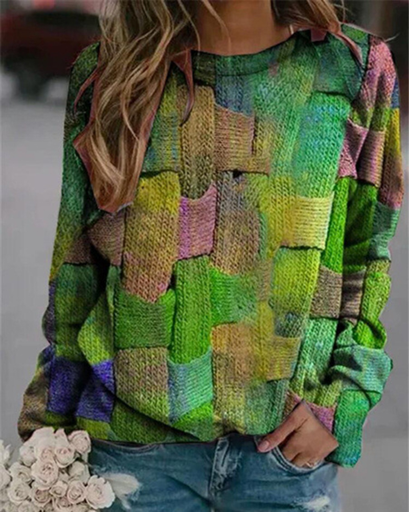 Plus Size Color Block Round Neckline Casual Shift Blouses Long Sleeve Sweater-ABOXUN