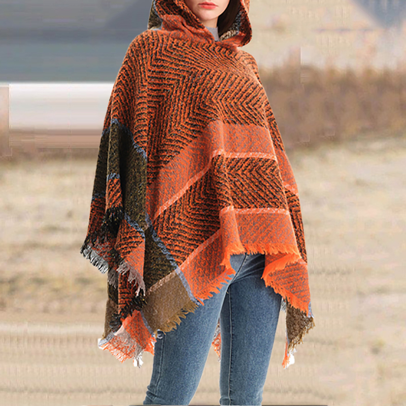 Vintage Herringbone Hooded Pullover Shawl-ABOXUN