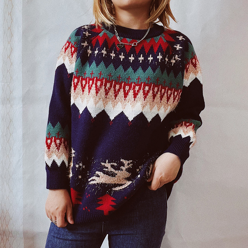 Vintage Christmas Totem Long Sleeve Sweater-ABOXUN
