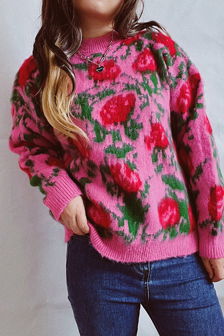 Vintage Long Sleeve Crew Neck Floral Sweater-ABOXUN