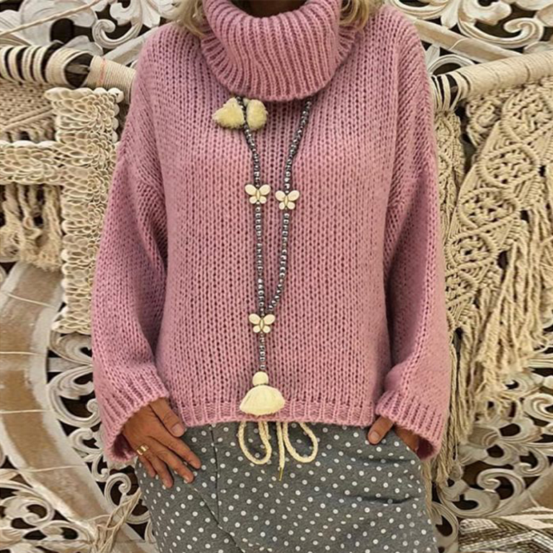 Vintage Solid Color Long Sleeve Loose Pullover Turtleneck Sweater-ABOXUN