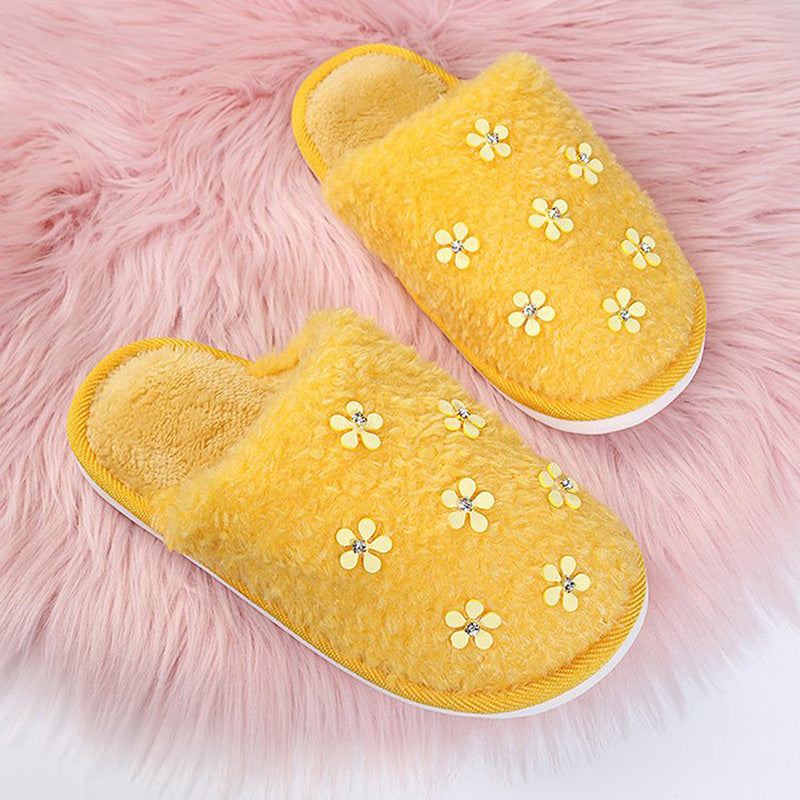 Rhinestone Flower Decorated Fluffy Closed Toe Flat Cotton Slippers-ABOXUN