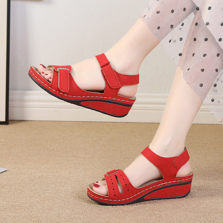 2022 New Casual Round Toe Velcro Mid Heel Women Wedge Sandals-ABOXUN