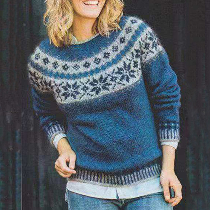 Fairman Island Vintage Jacquard Crew Neck Loose Sweater-ABOXUN