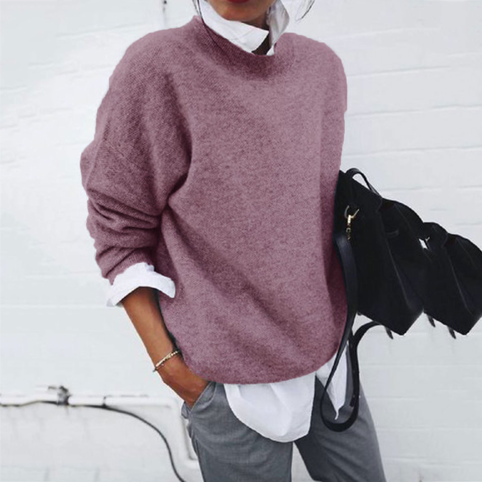 Shirt Collar Long Sleeve Fake Two Piece Sweater-ABOXUN