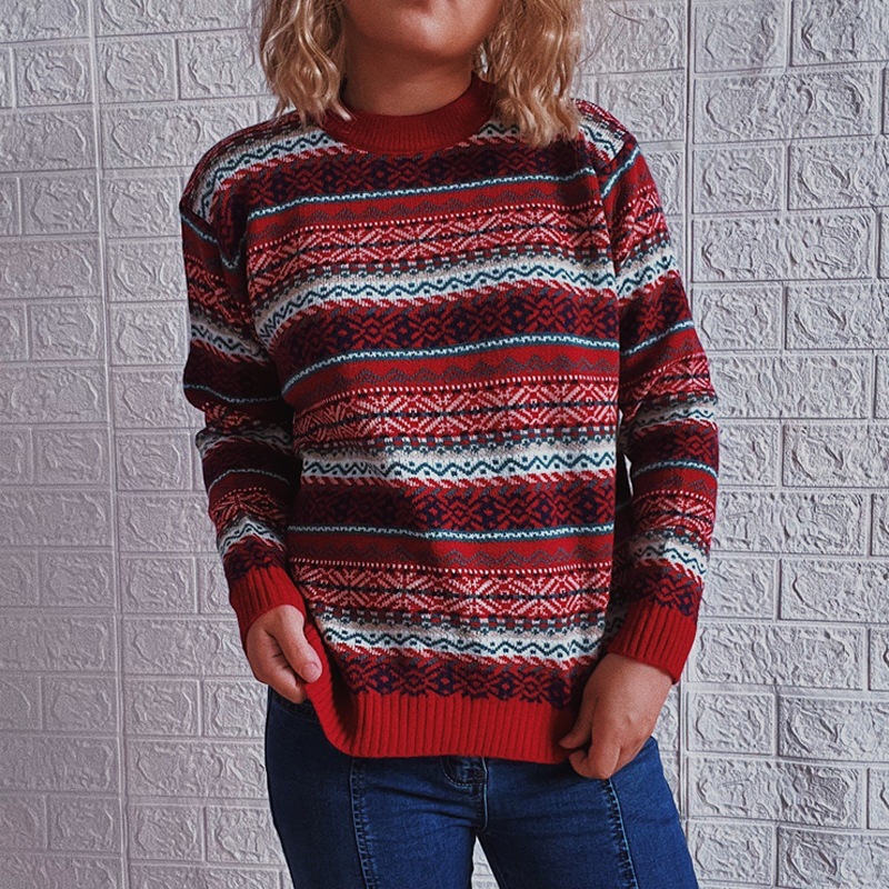 Vintage Ethnic Striped Crew Neck Long Sleeve Sweater-ABOXUN
