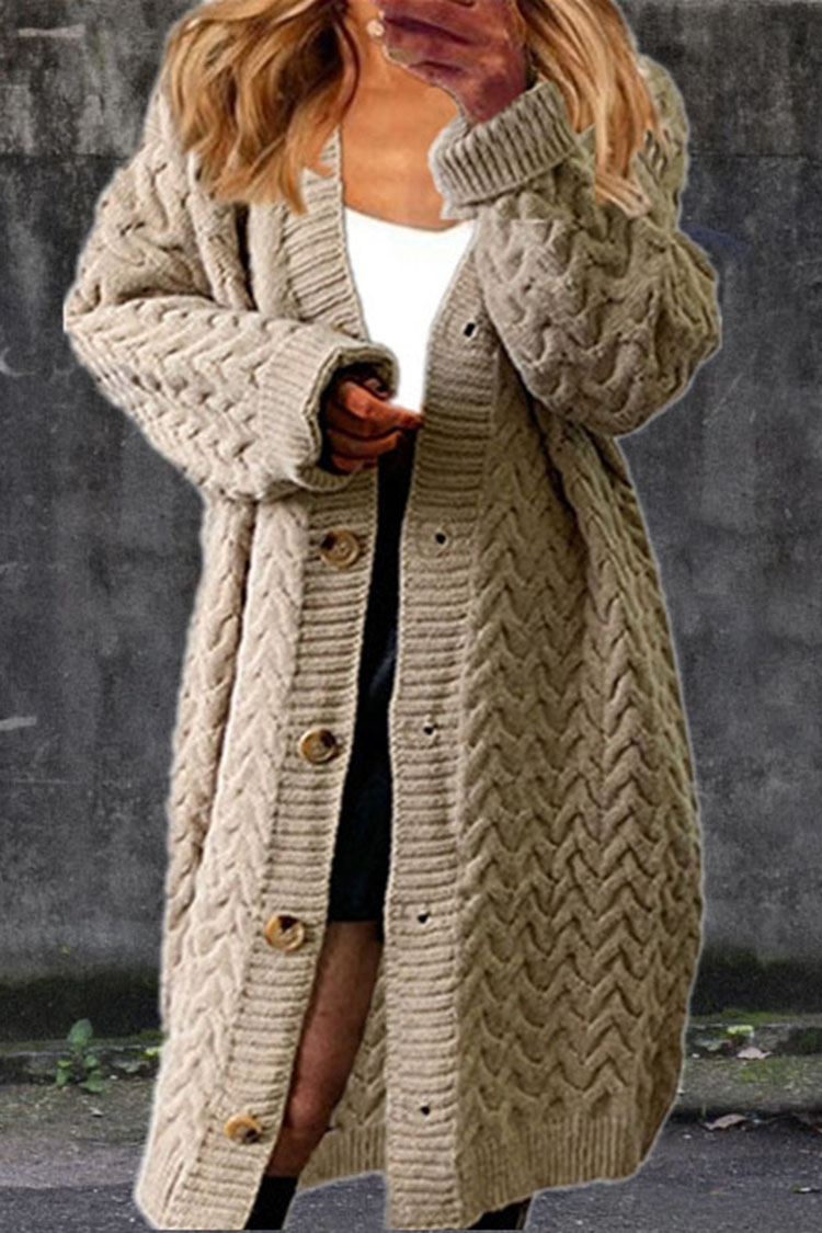 Solid Color Loose Mid Length Twist Button Sweater Cardigan-ABOXUN