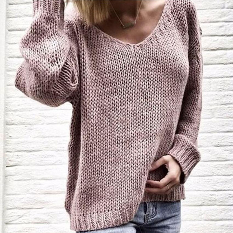 Solid Color V Neck Loose Casual Sweater-ABOXUN