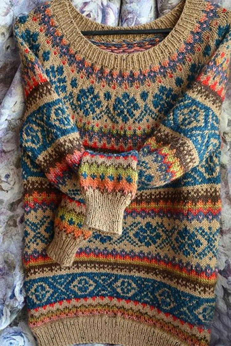 Vintage Crew Neck Long Sleeve Knit Loose Sweater-ABOXUN