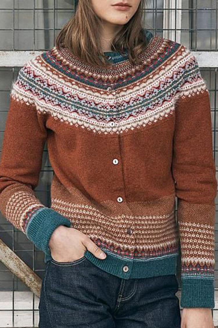 Vintage Contrast Jacquard Long Sleeve Sweater Cardigan-ABOXUN