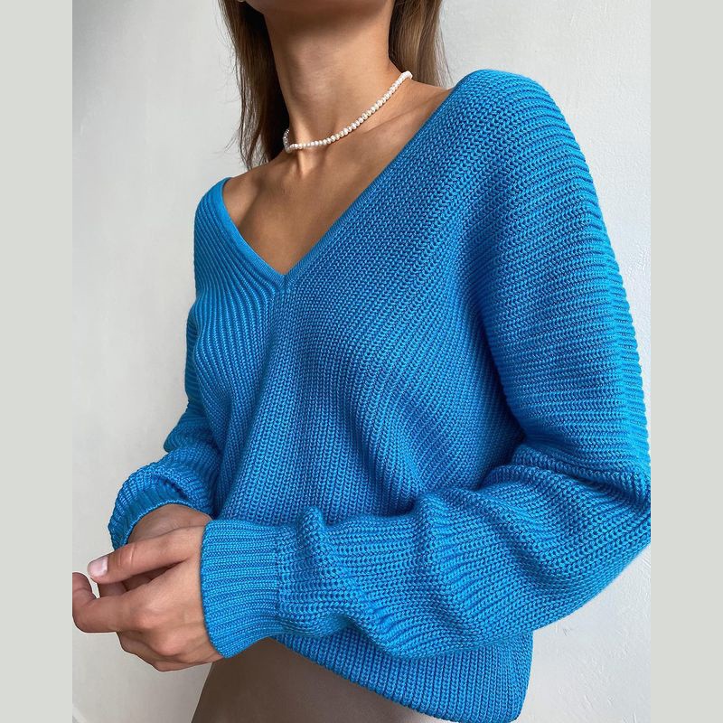 V-Neck Pullover Pit Strip Loose Sweater-ABOXUN