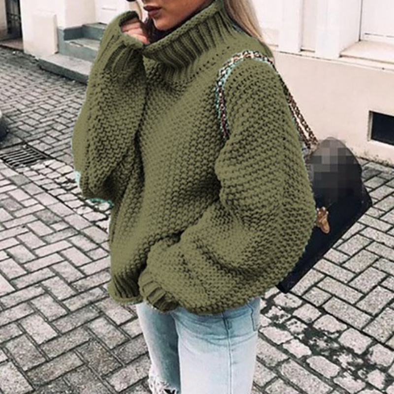 Chunky Half Turtleneck Doll Sleeve Loose Sweater-ABOXUN