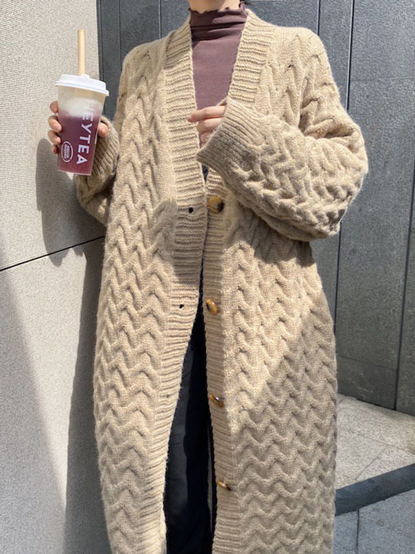 Long Twist Knit Sweater Thick Wool Sweater Cardigan-ABOXUN