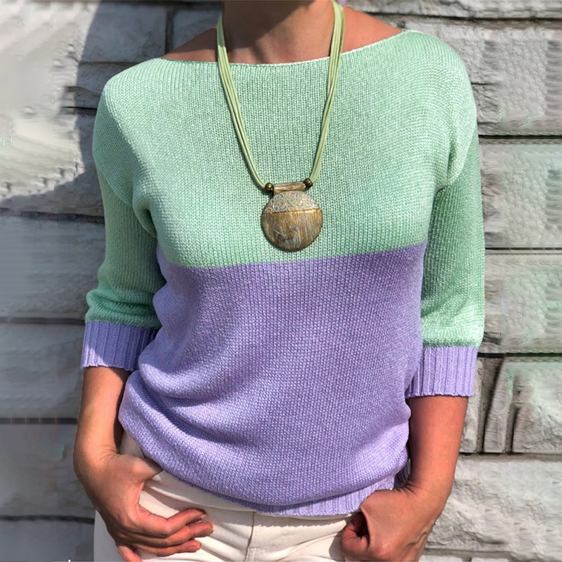 Vintage Colorblock Long Sleeve Crew Neck Sweater-ABOXUN