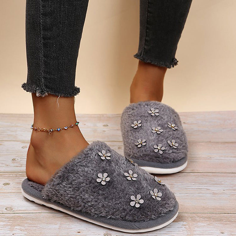 Rhinestone Flower Decorated Fluffy Closed Toe Flat Cotton Slippers-ABOXUN