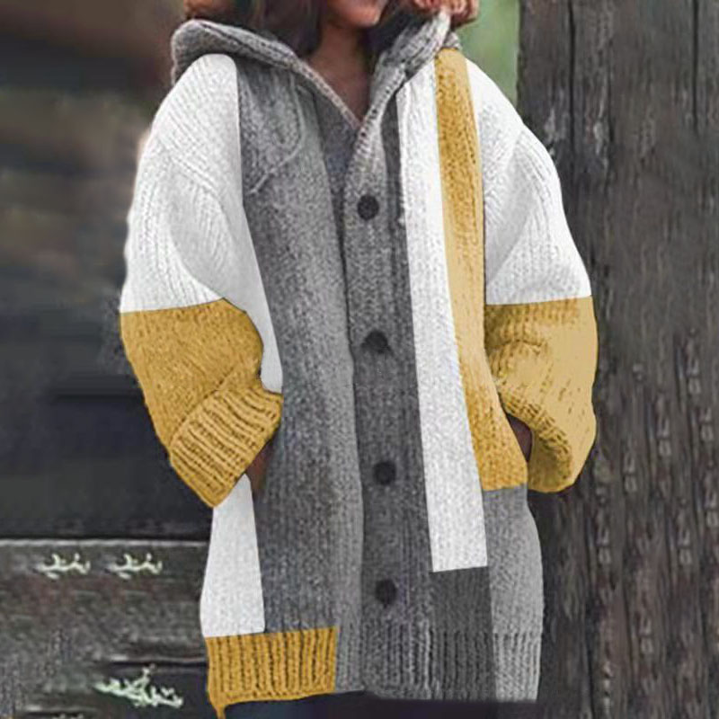 Casual Loose Color-block Knitted Cardigan-ABOXUN